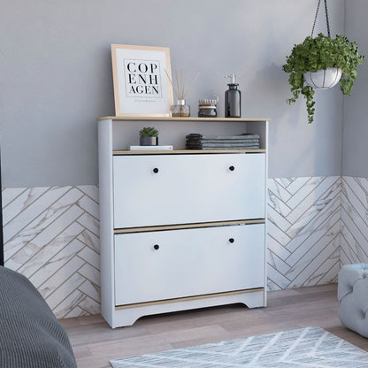 Shoe Rack, One Open Shelf, Two Extendable Cabinets, Light Oak.