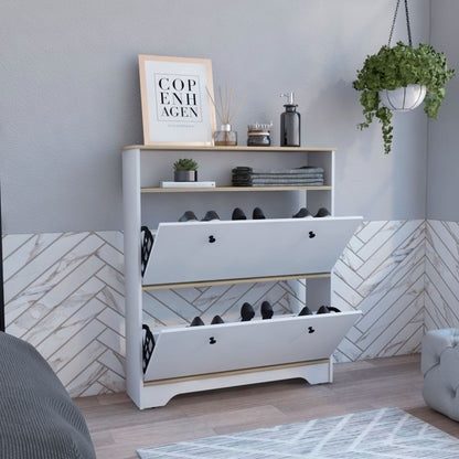 Shoe Rack, One Open Shelf, Two Extendable Cabinets, Light Oak.