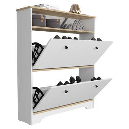 Shoe Rack, One Open Shelf, Two Extendable Cabinets, Light Oak.