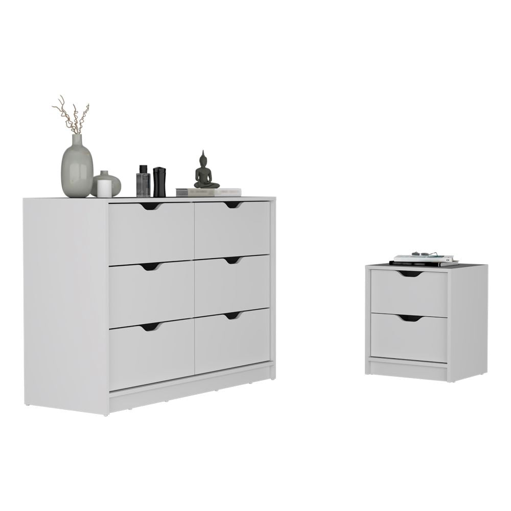 2 Piece Bedroom Set, Nightstand + Dresser, White Finish.