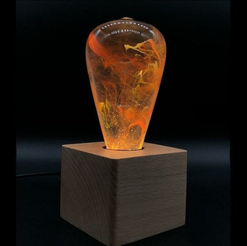 LED Light Bulb Lamp with Wooden Base - Unique Decorative Lighting (Flame Design)