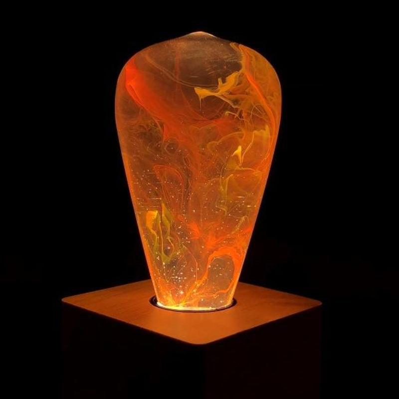 LED Light Bulb Lamp with Wooden Base - Unique Decorative Lighting (Flame Design)