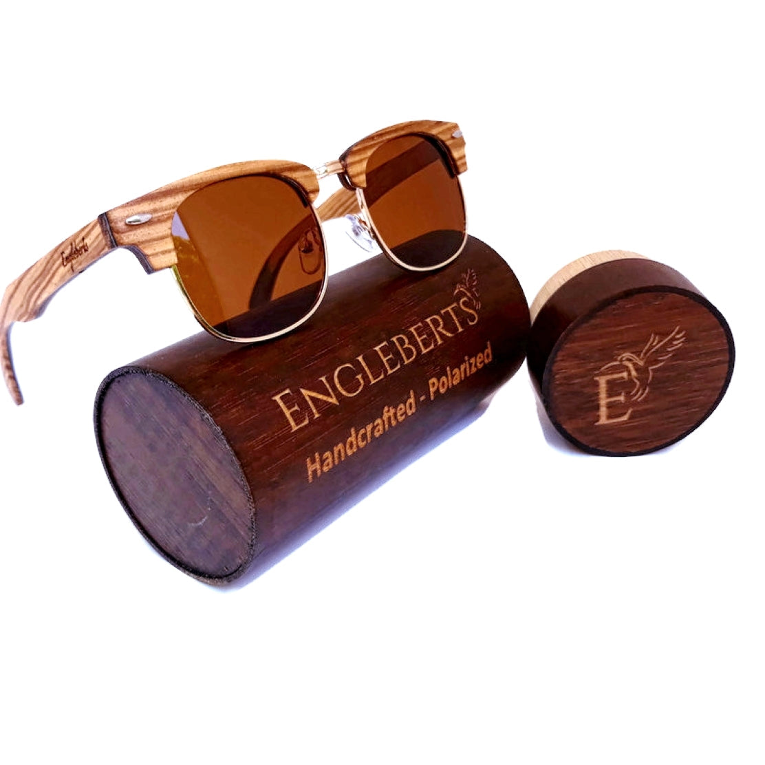 Full Wood, Half Rim Wooden Sunglasses, Tea Polarized Lenses