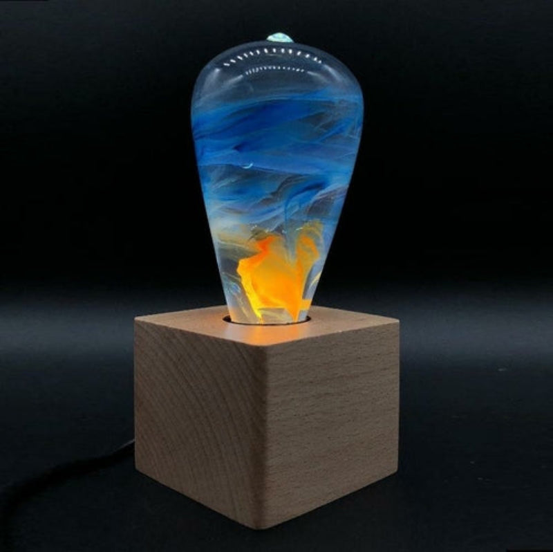LED Light Bulb Lamp with Wooden Base - Colorful Sunset Design