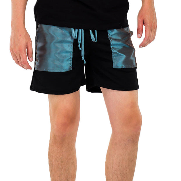 Men's Black Shorts with Teal Satin Pockets and Drawstring