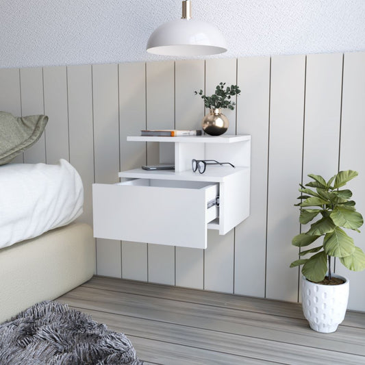 Floating Nightstand, One Drawer, White Finish.