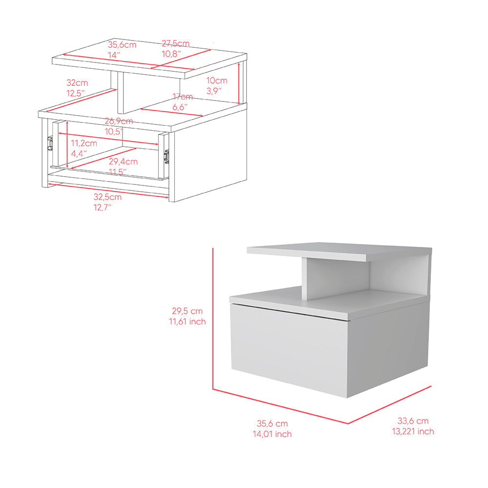 Floating Nightstand, One Drawer, White Finish.