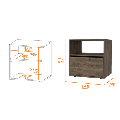 Nightstand, One Open Shelf, One Cabinet, Dark Brown / Black