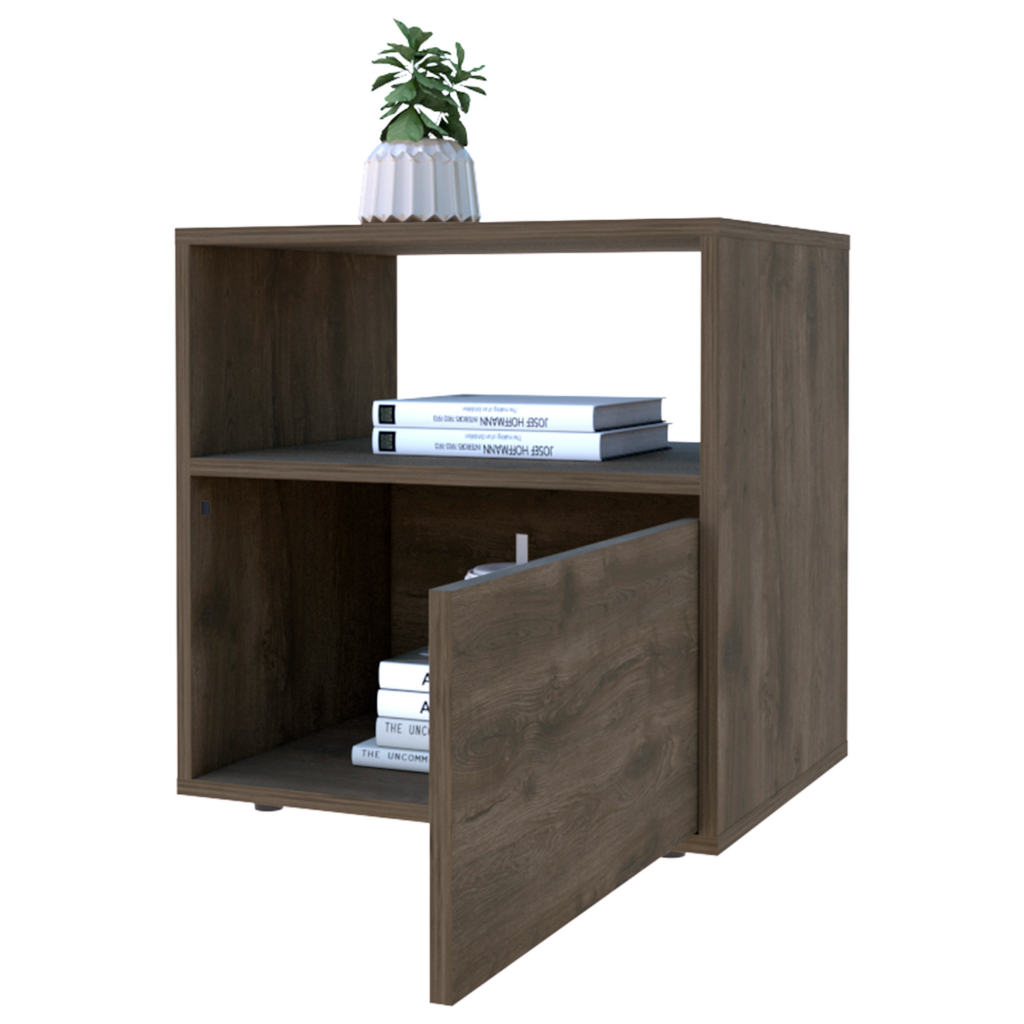 Nightstand, One Open Shelf, One Cabinet, Dark Brown / Black