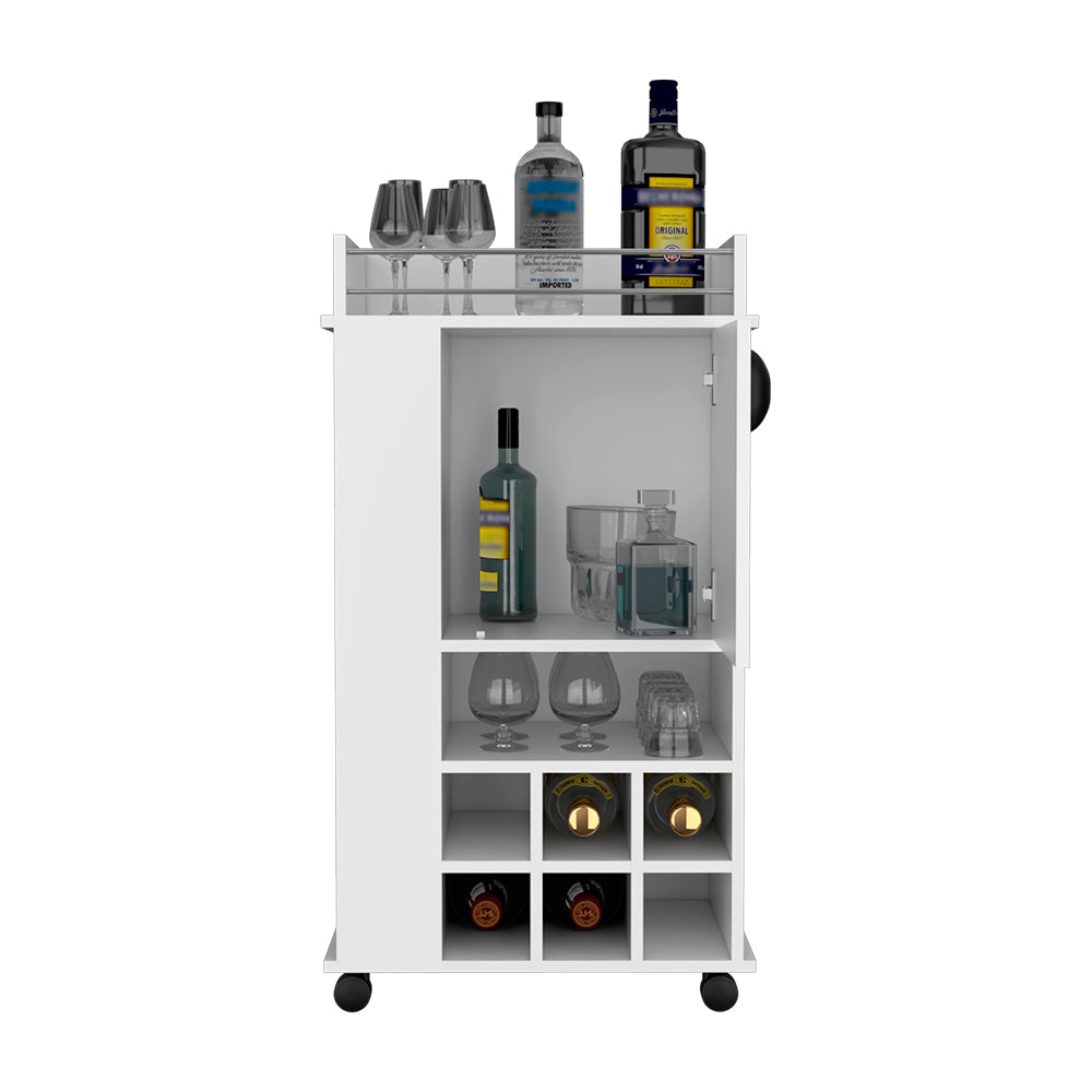 Bar Cart with Wheels, Six Wine Cubbies and Single Door, White