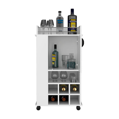 Bar Cart with Wheels, Six Wine Cubbies and Single Door, White