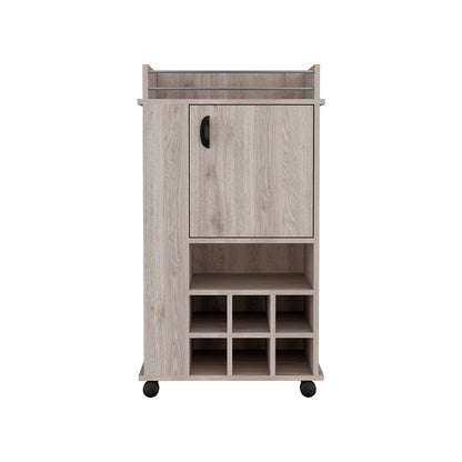 Bar Cart with Wheels, Six Wine Cubbies and Single Door, Light.