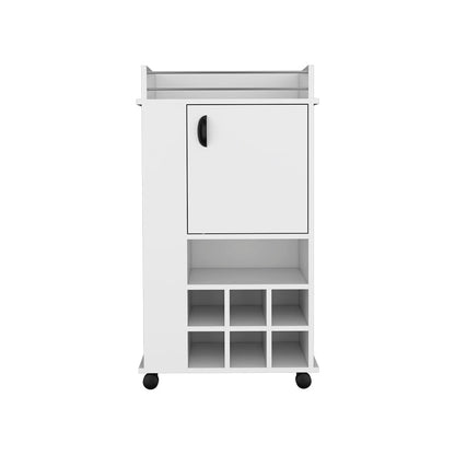 Bar Cart with Wheels, Six Wine Cubbies and Single Door, White