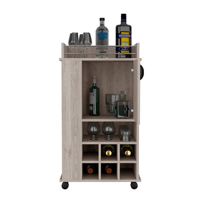 Bar Cart with Wheels, Six Wine Cubbies and Single Door, Light.