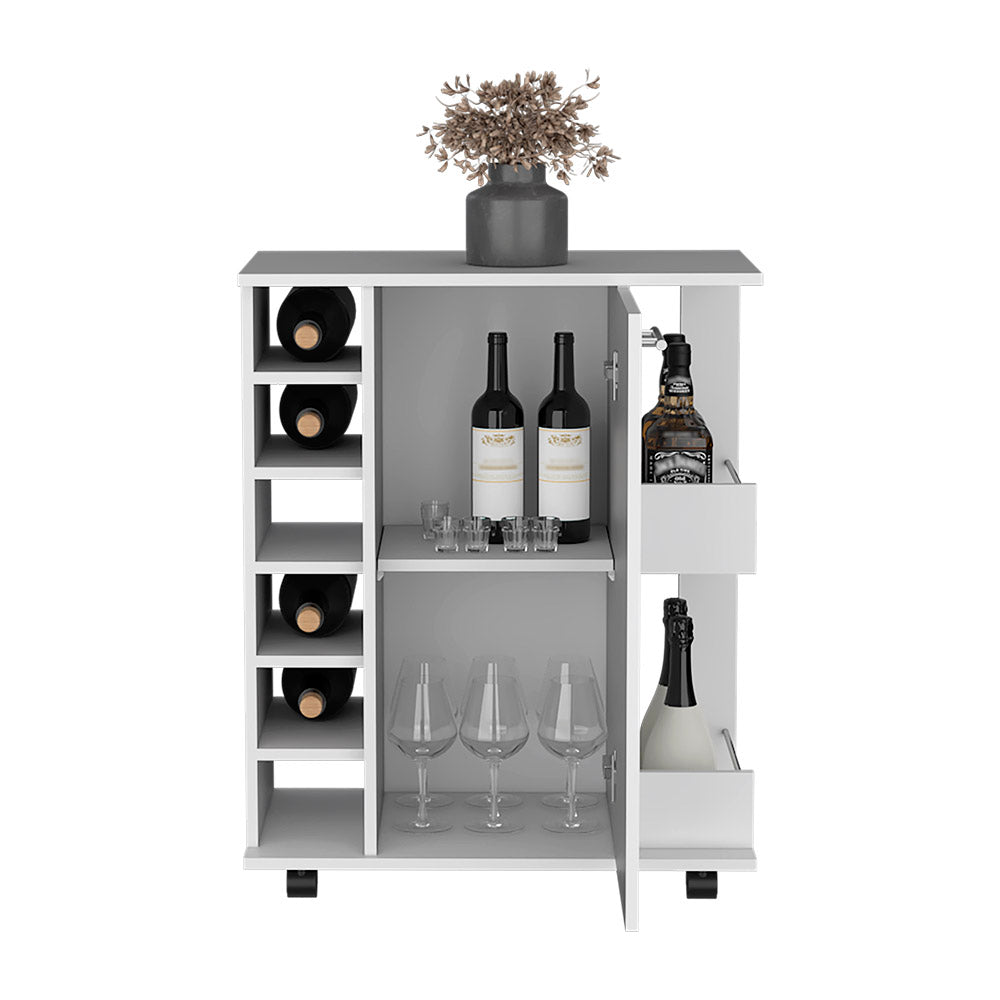 Bar Cart with Six-Wine Cubbies Cabot, Two-Side Storage Shelves White