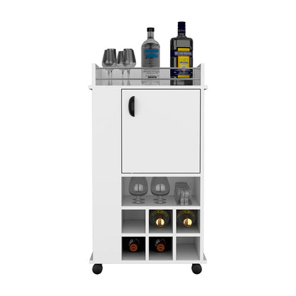 Bar Cart with Wheels, Six Wine Cubbies and Single Door, White