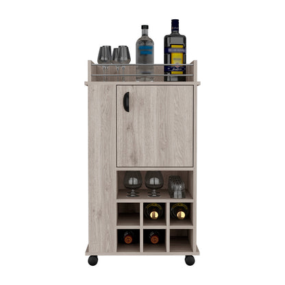 Bar Cart with Wheels, Six Wine Cubbies and Single Door, Light.