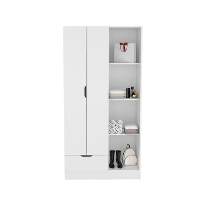 Armoire with Four Storage Shelves, Drawer and Double Door, White