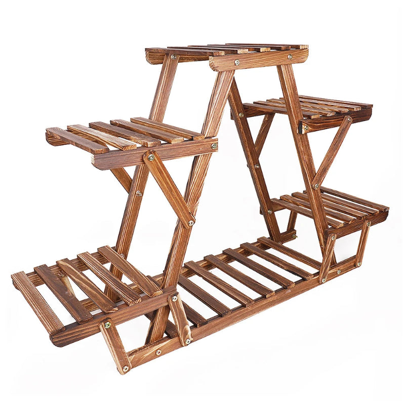 Multi-Tier Folding Plant Stand – Brown Slatted Flower Pot Display Rack