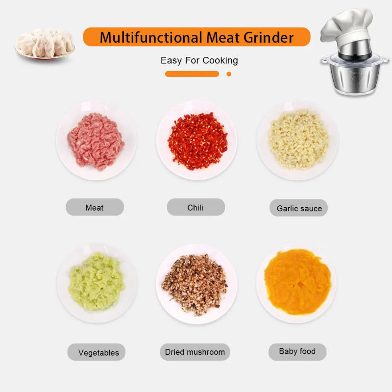 BioloMix 500W 2L Stainless Steel Electric Food Chopper with 2 Speeds, Extra Blade, Meat Grinder and Mincer – 110V US Plug