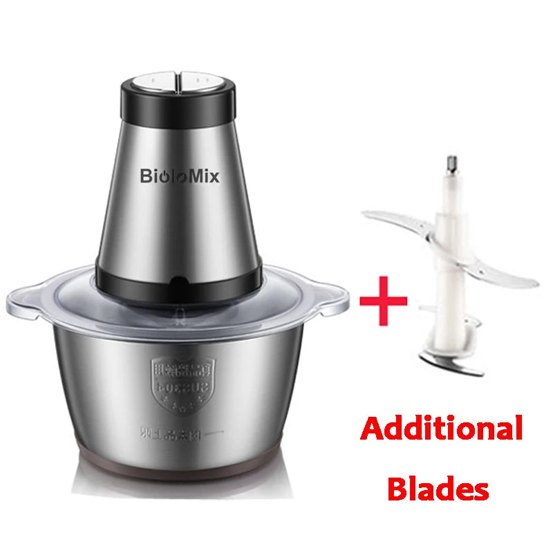 BioloMix 500W 2L Stainless Steel Electric Food Chopper with 2 Speeds, Extra Blade, Meat Grinder and Mincer – 110V US Plug