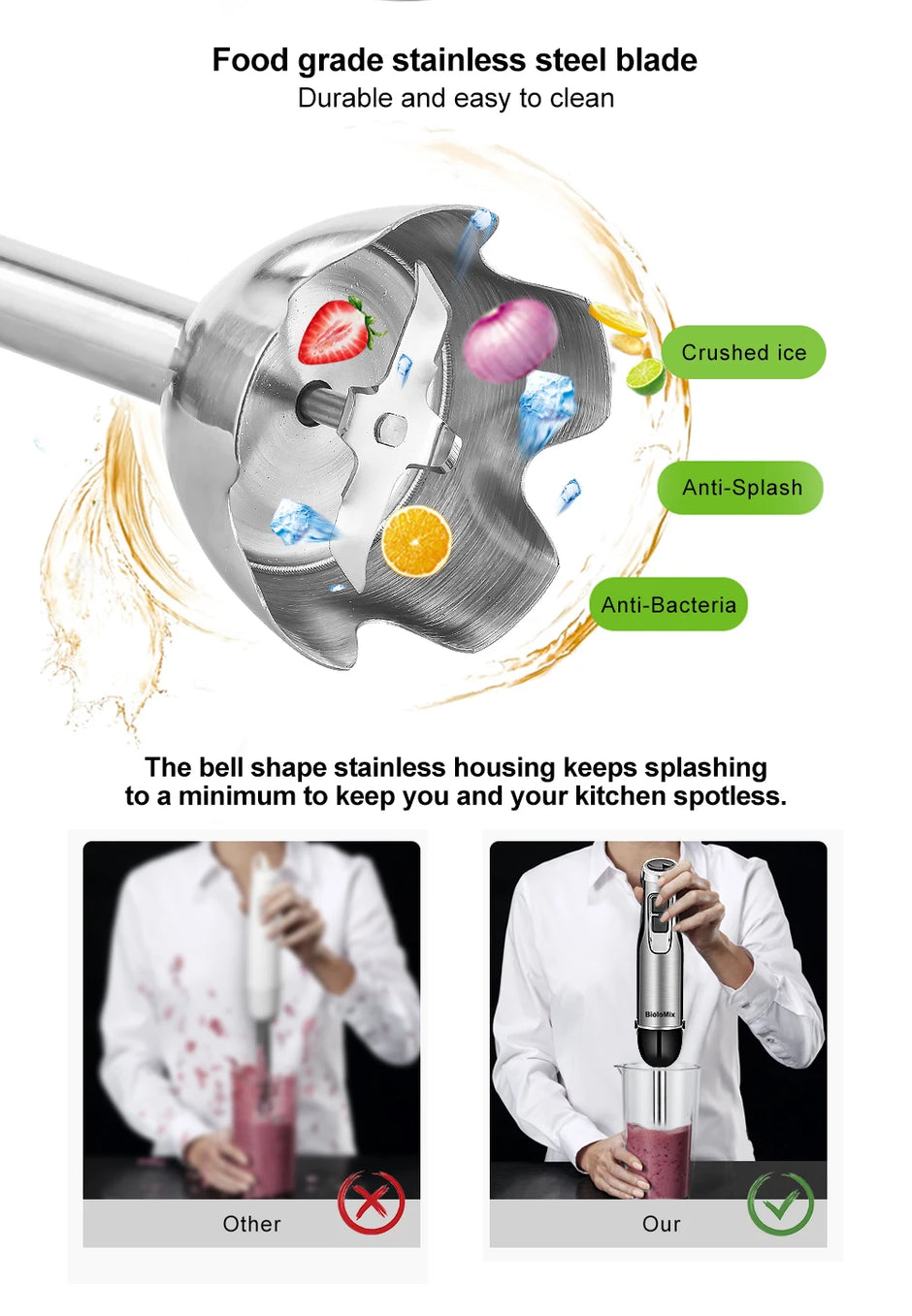 BioloMix 4-in-1 1200W Immersion Hand Stick Blender with Chopper, Whisk, Smoothie Cup and US Plug