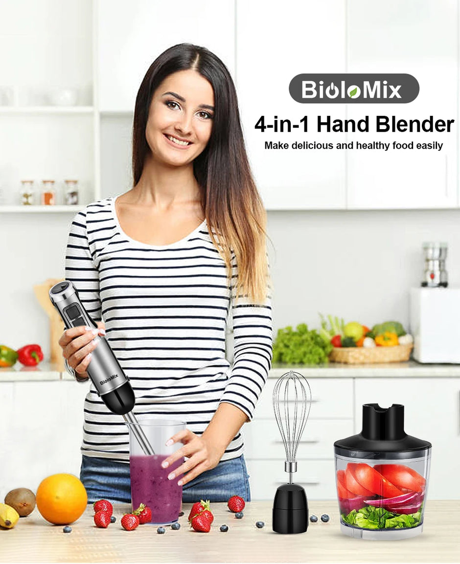 BioloMix 4-in-1 1200W Immersion Hand Stick Blender with Chopper, Whisk, Smoothie Cup and US Plug