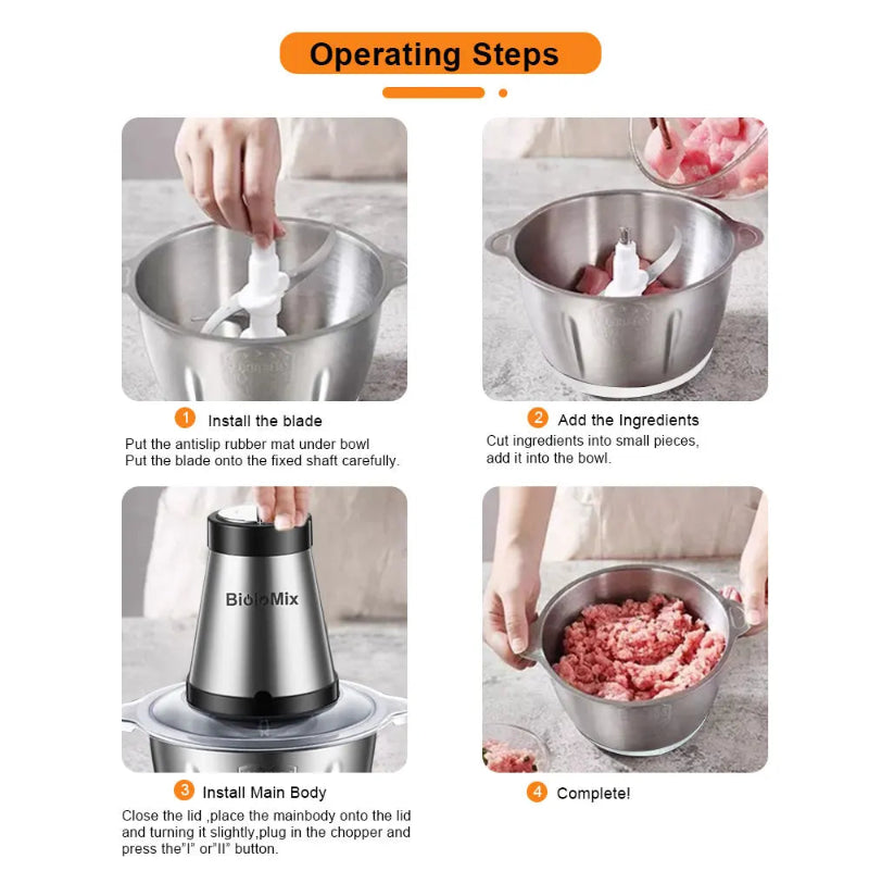 BioloMix 500W 2L Stainless Steel Electric Food Chopper with 2 Speeds, Extra Blade, Meat Grinder and Mincer – 110V US Plug