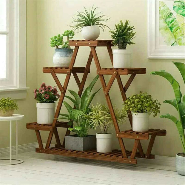 Multi-Tier Folding Plant Stand – Brown Slatted Flower Pot Display Rack
