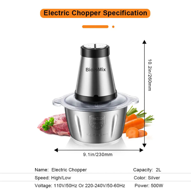 BioloMix 500W 2L Stainless Steel Electric Food Chopper with 2 Speeds, Extra Blade, Meat Grinder and Mincer – 110V US Plug