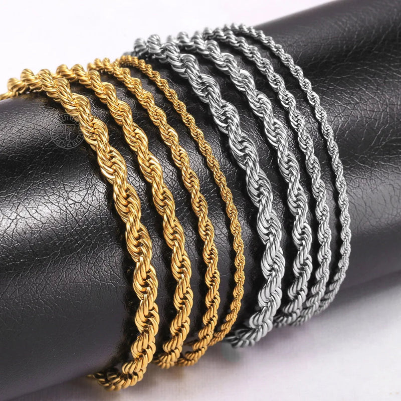 Gold and Silver Rope Chain Necklace - Classic Twisted Link Chain (2mm–5mm) for Timeless Elegance