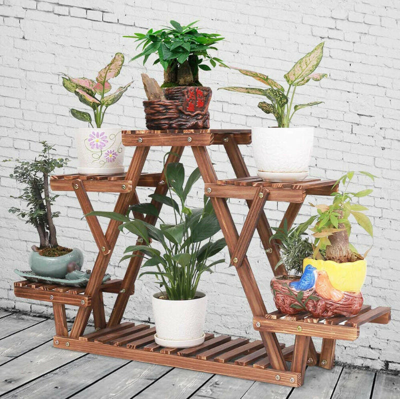 Multi-Tier Folding Plant Stand – Brown Slatted Flower Pot Display Rack