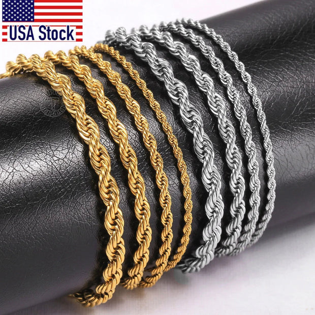 Gold and Silver Rope Chain Necklace - Classic Twisted Link Chain (2mm–5mm) for Timeless Elegance