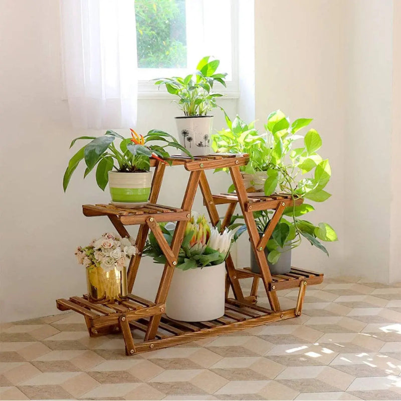 Multi-Tier Folding Plant Stand – Brown Slatted Flower Pot Display Rack