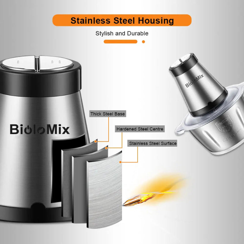 BioloMix 500W 2L Stainless Steel Electric Food Chopper with 2 Speeds, Extra Blade, Meat Grinder and Mincer – 110V US Plug