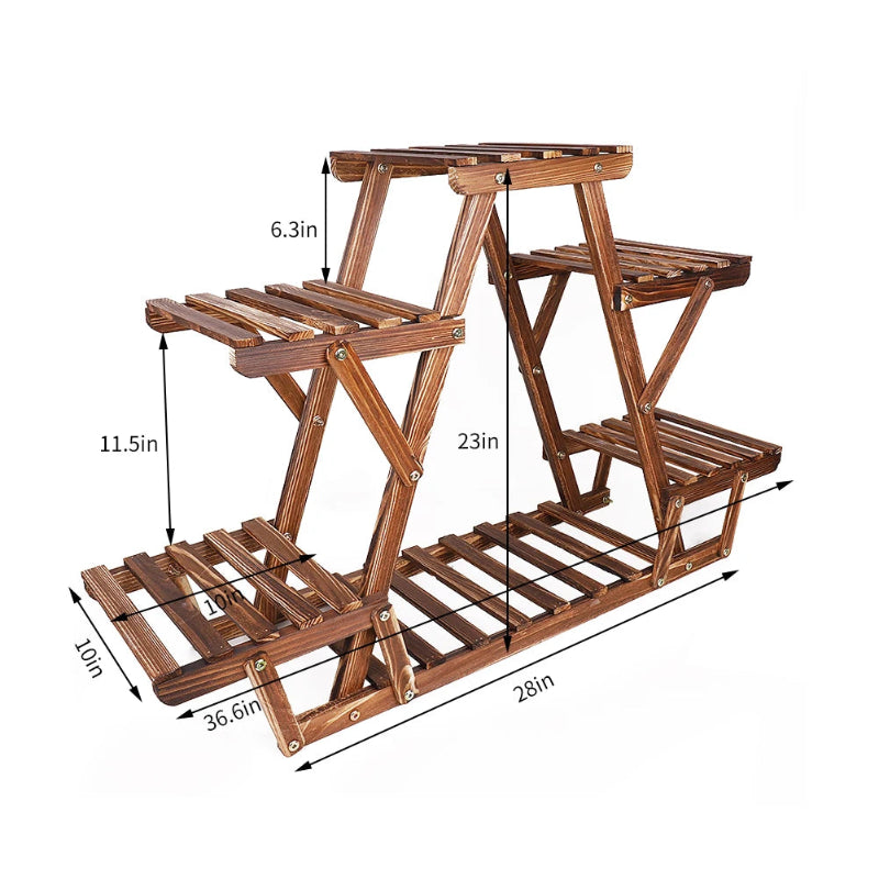 Multi-Tier Folding Plant Stand – Brown Slatted Flower Pot Display Rack