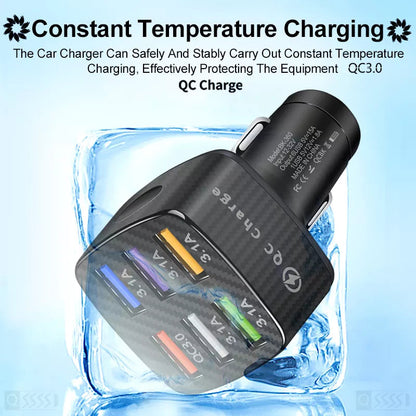 PBG LED 6-Port Car Charger with 4FT 3-in-1 Fast Charging Cable