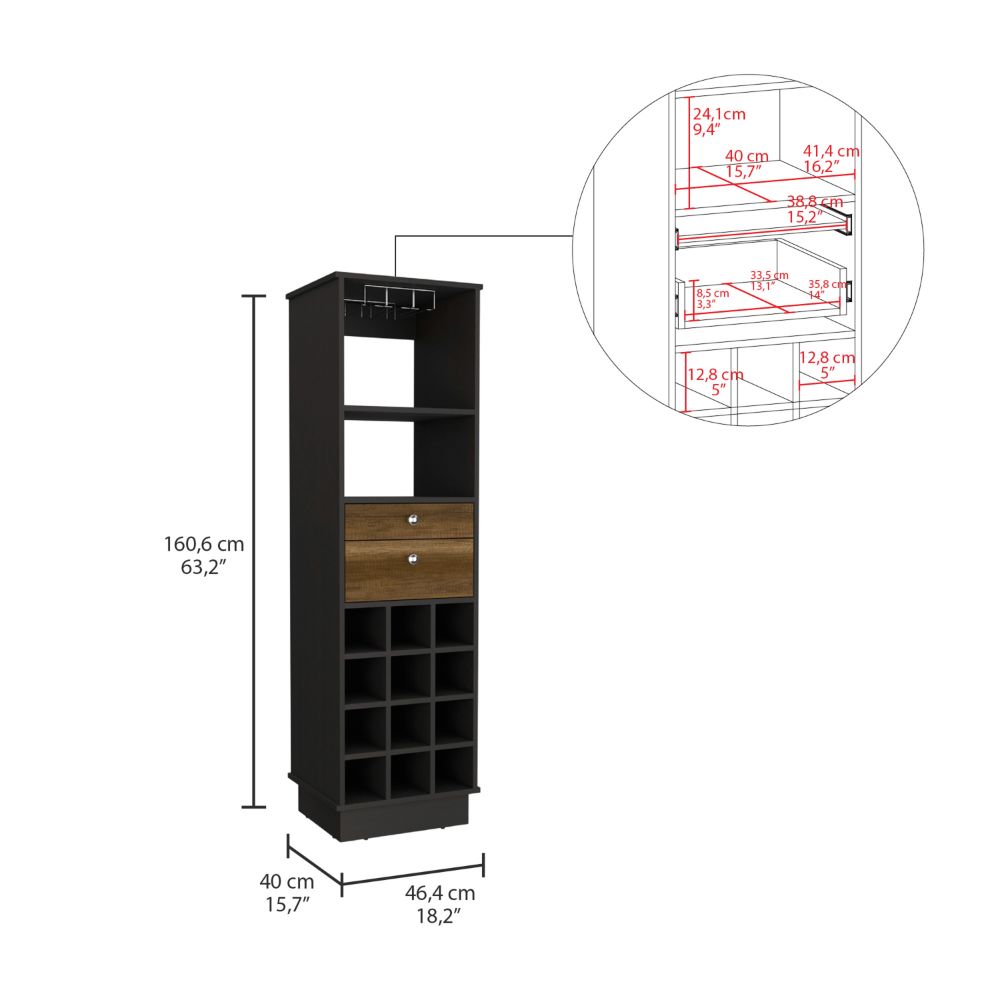 Bar Cabinet, Two Drawers, Twelve Wine Cubbies, Black Wengue.