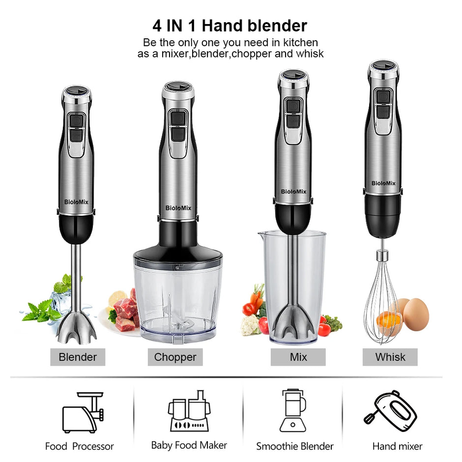BioloMix 4-in-1 1200W Immersion Hand Stick Blender with Chopper, Whisk, Smoothie Cup and US Plug