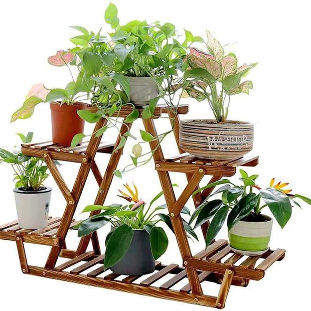 Multi-Tier Folding Plant Stand – Brown Slatted Flower Pot Display Rack