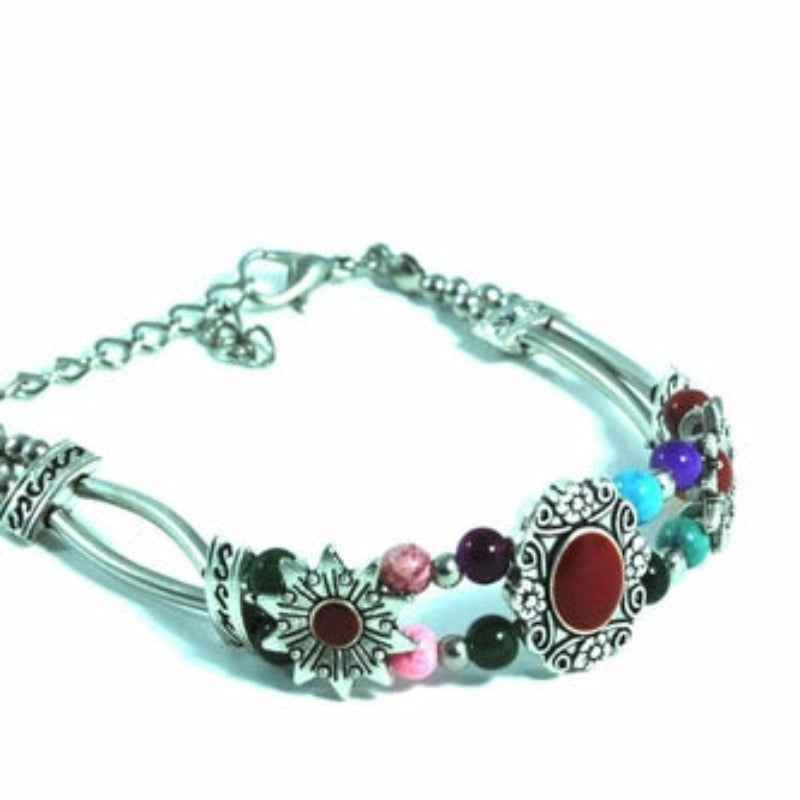 Turquoise Stone Necklace Silver Tone Chain Floral Design Jewelry