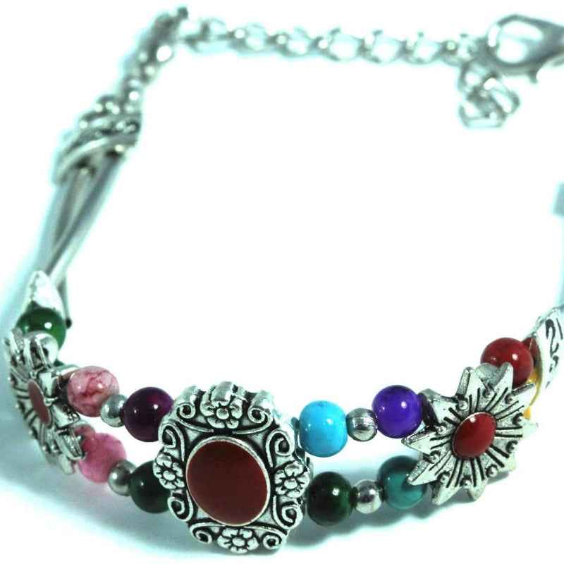 Turquoise Stone Necklace Silver Tone Chain Floral Design Jewelry