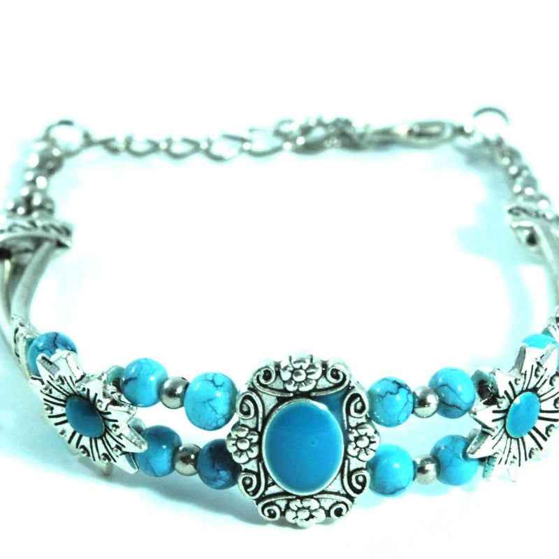 Turquoise Stone Necklace Silver Tone Chain Floral Design Jewelry