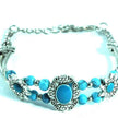Turquoise Stone Necklace Silver Tone Chain Floral Design Jewelry