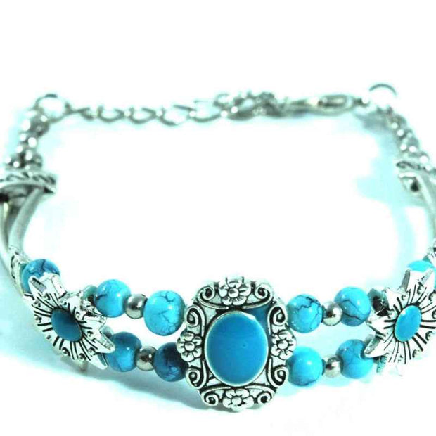 Turquoise Stone Necklace Silver Tone Chain Floral Design Jewelry