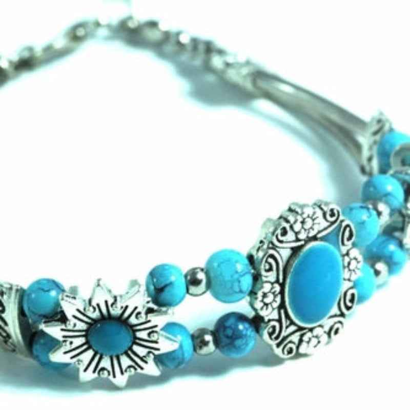 Turquoise Stone Necklace Silver Tone Chain Floral Design Jewelry
