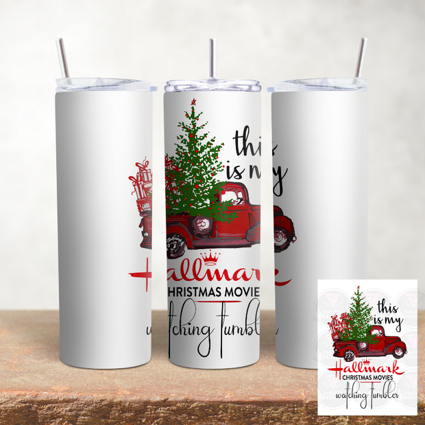 Three 20oz skinny tumblers with Christmas movie theme, featuring red truck and Christmas tree design.
