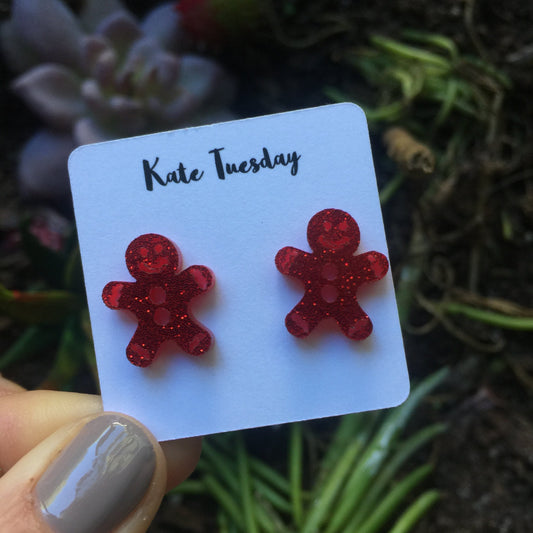 Red Sparkly Gingerbread Man Stud Earrings