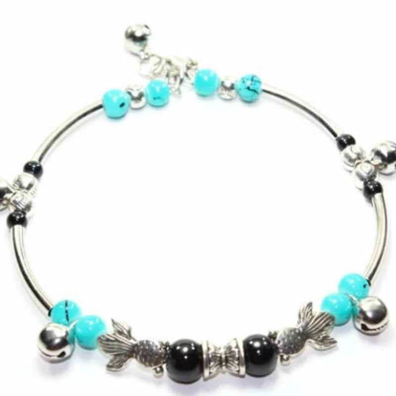 Turquoise Beaded Bangle Bracelet Silver Tone Charm Jewelry
