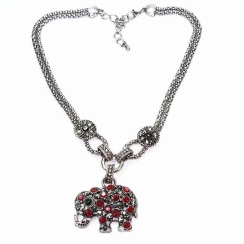 Elephant Pendant Necklace Silver Tone Chain Crystal Charm Jewelry